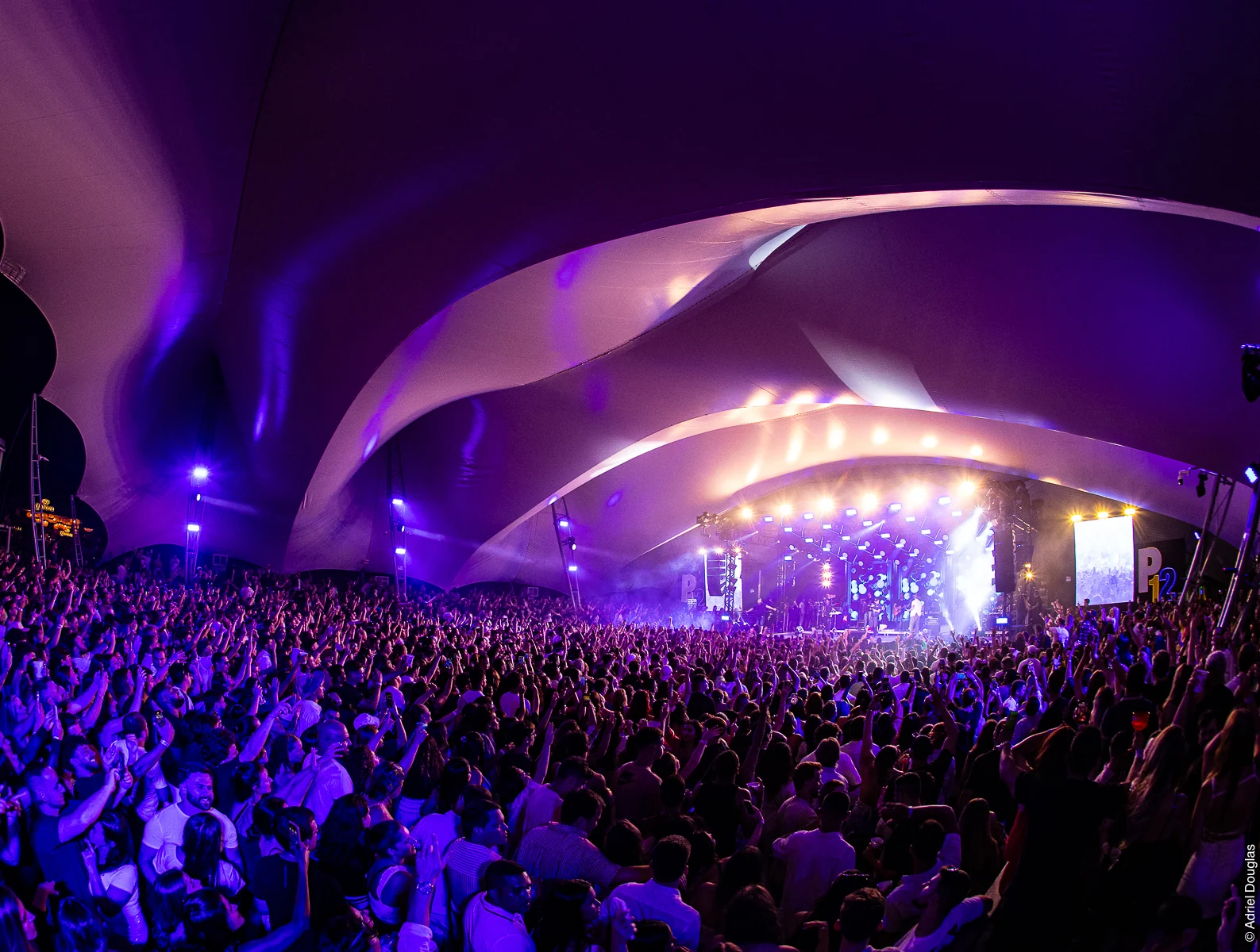 Show na tenda do P12: o palco aceso sob a lona em ondas e a multidão, em luz roxa