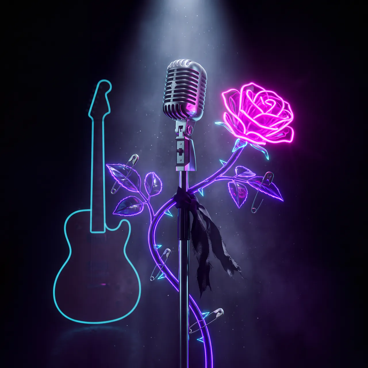 Capa de 2025: microfone vintage com uma rosa de neon enroscada, alfinetes punk e uma guitarra ao fundo