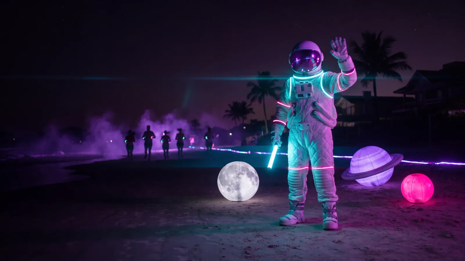 Performer em traje espacial branco, com viseira espelhada refletindo neon, acenando para atletas na areia de Jurerê à noite (imagem ilustrativa)