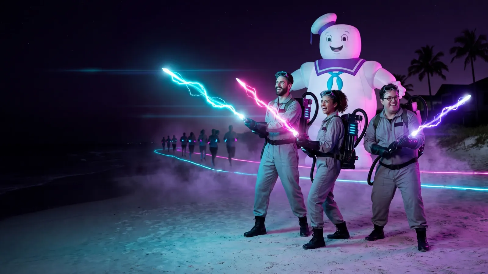 Equipe de três caça-fantasmas em macacões cinza, com mochilas de prótons soltando feixes de luz ciano e magenta e um boneco inflável de marinheiro ao fundo, na areia (imagem ilustrativa)