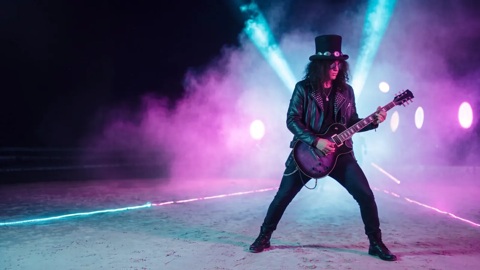 Guitarrista de cartola e jaqueta de couro tocando na areia entre fumaça e luz neon, com atletas passando e fazendo o sinal do rock (imagem ilustrativa)