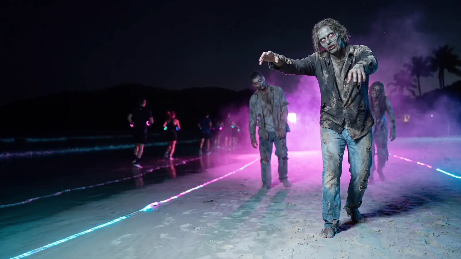 Performers fantasiados de zumbi, com maquiagem de efeito, cambaleando na areia de Jurerê à noite enquanto atletas passam (imagem ilustrativa)